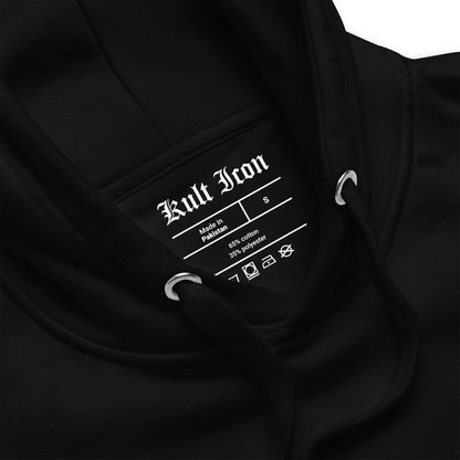 Black hoodie with 'Kult Iron' branding and label on a white background