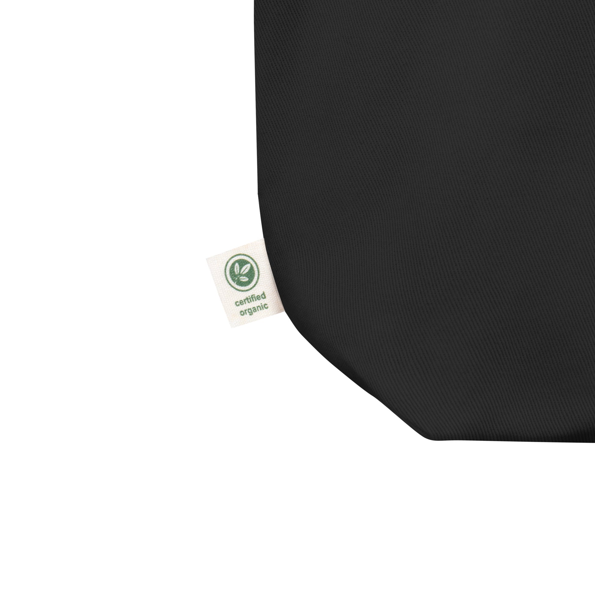 Black fabric with a certified organic label on a white background