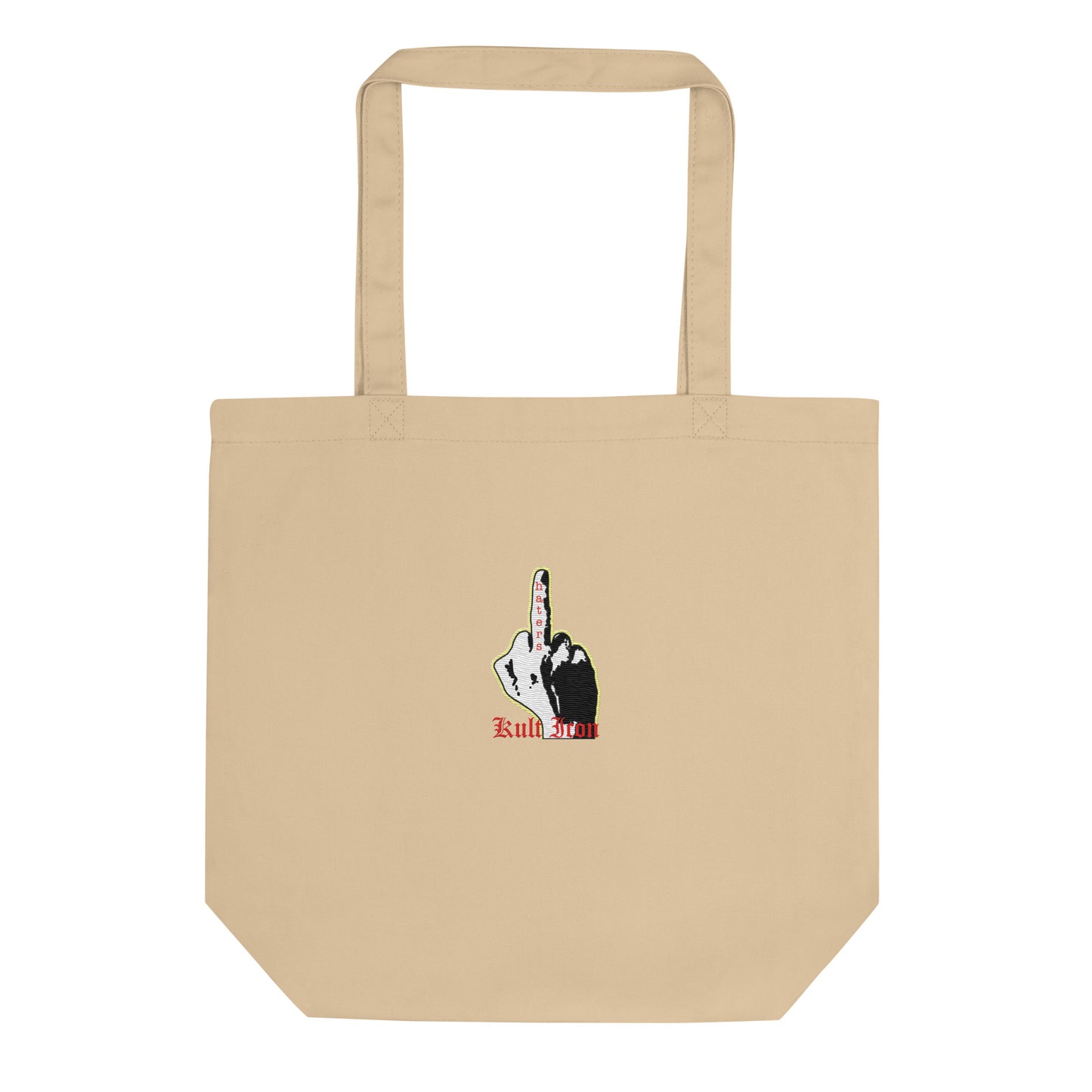 Beige tote bag with a graphic design on a white background