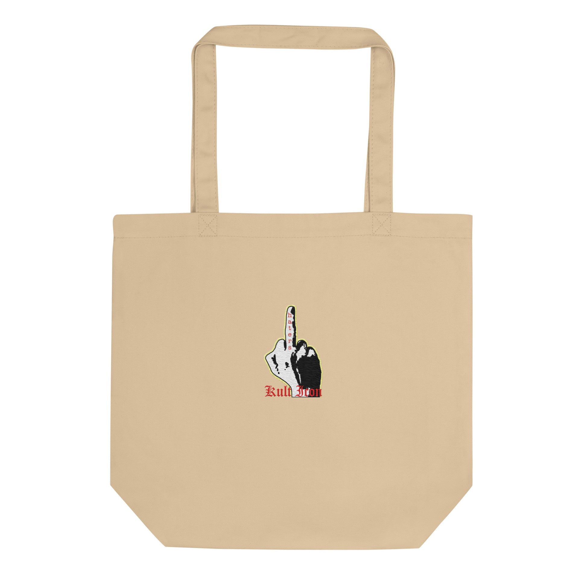 Beige tote bag with a graphic design on a white background
