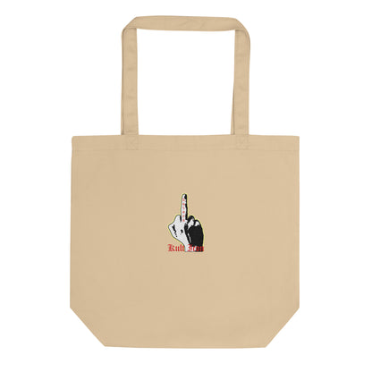 Beige tote bag with a graphic design on a white background
