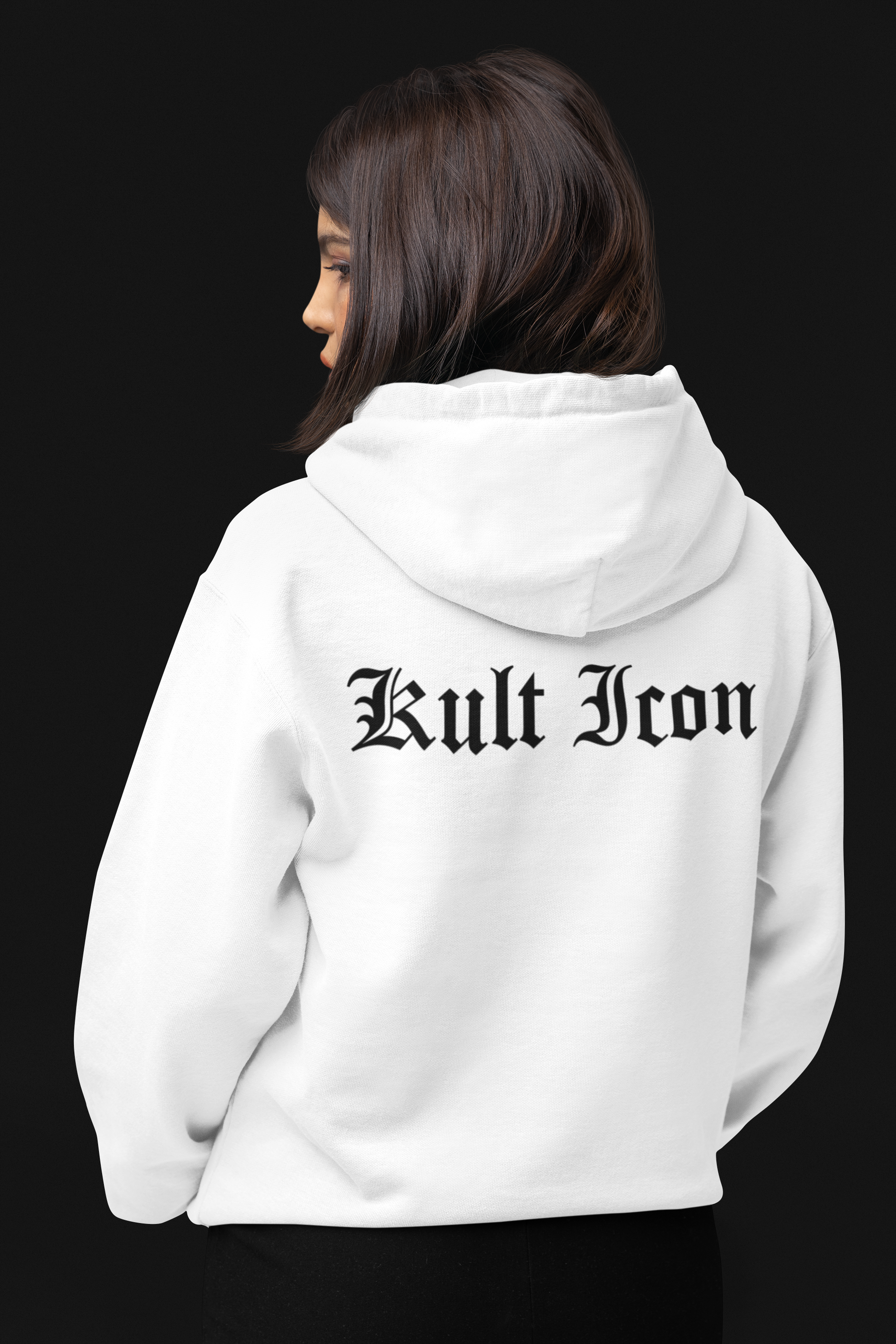 Person wearing a white hoodie with 'Kult Icon' text on the back against a black background