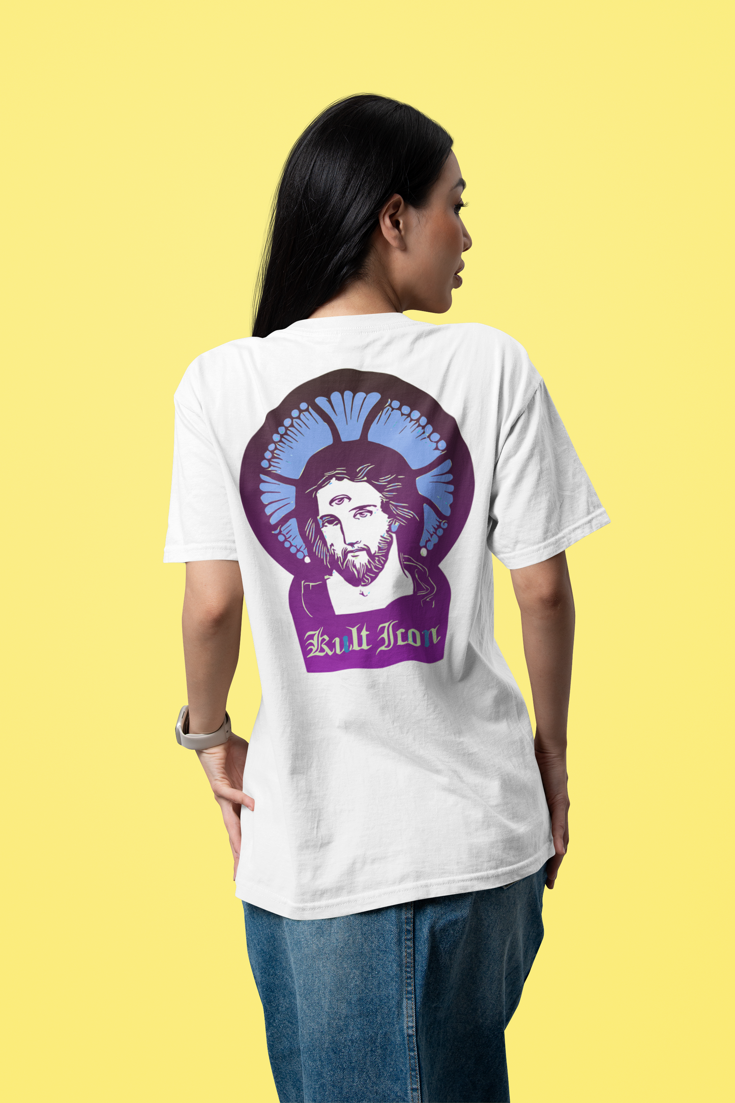 Person wearing a white t-shirt with a graphic design on the back against a yellow background