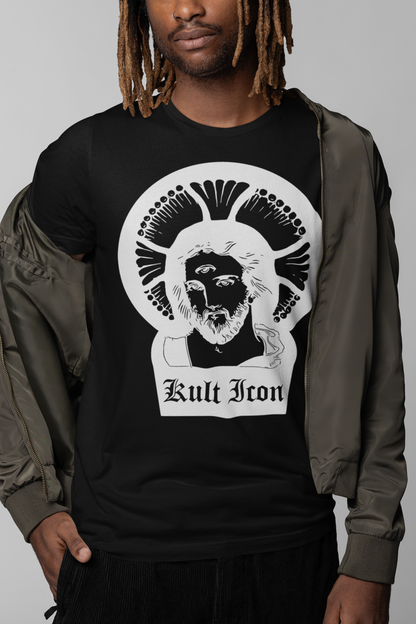 Person wearing a black t-shirt with a graphic design and text, standing against a plain background.