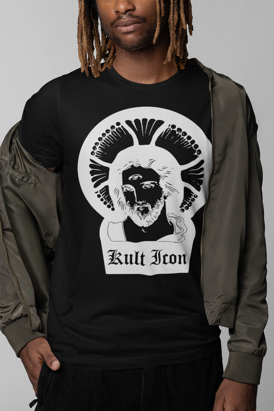 Person wearing a black t-shirt with a graphic design and text, standing against a plain background.