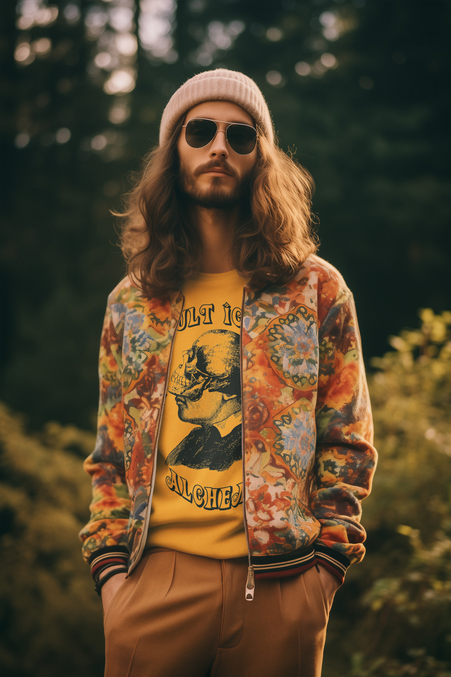 Man wearing a colorful jacket and sunglasses with a blurred natural background
