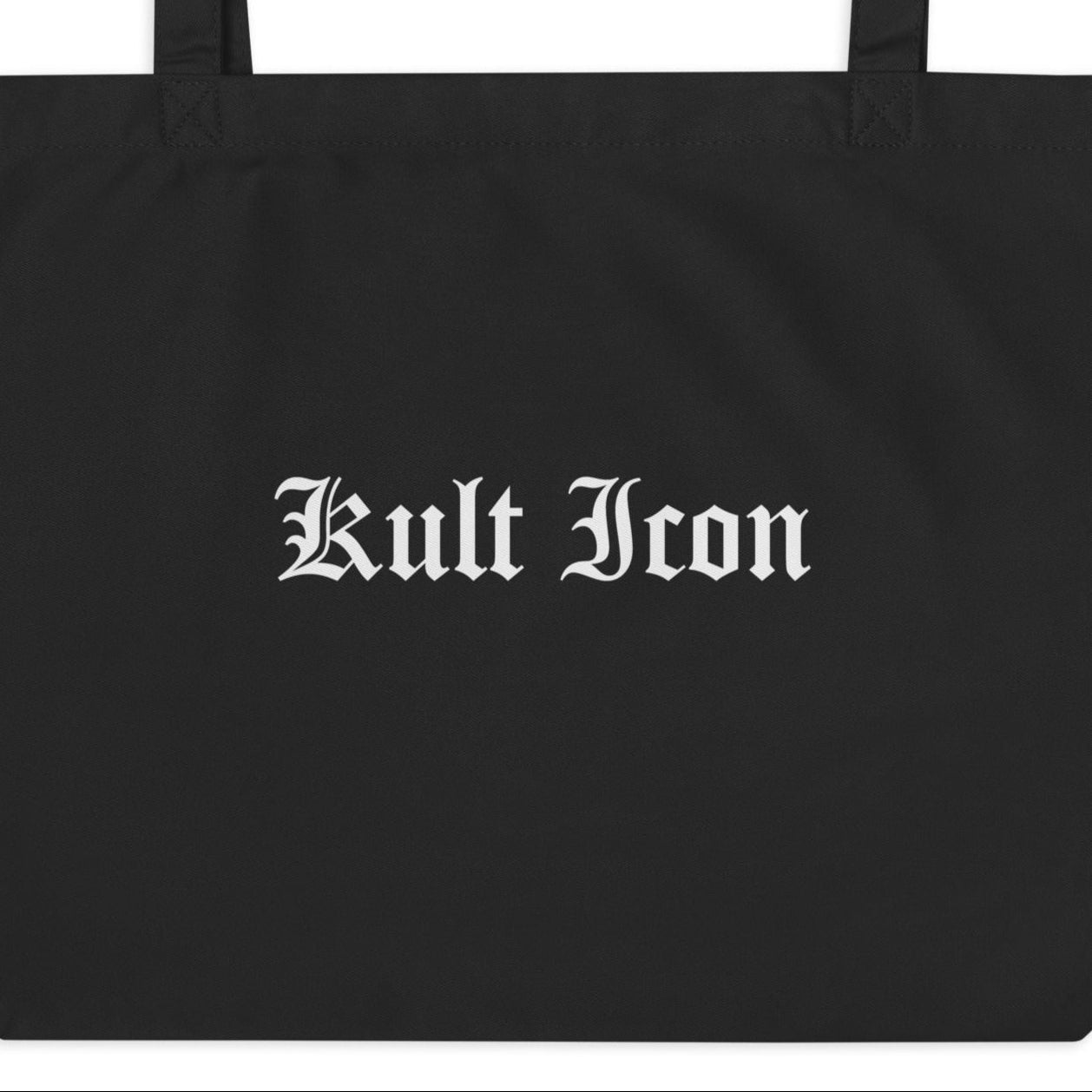 Black tote bag with 'Kult Icon' text in white.