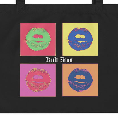 Black tote bag with colorful graphic designs and 'Kult Icon' branding.