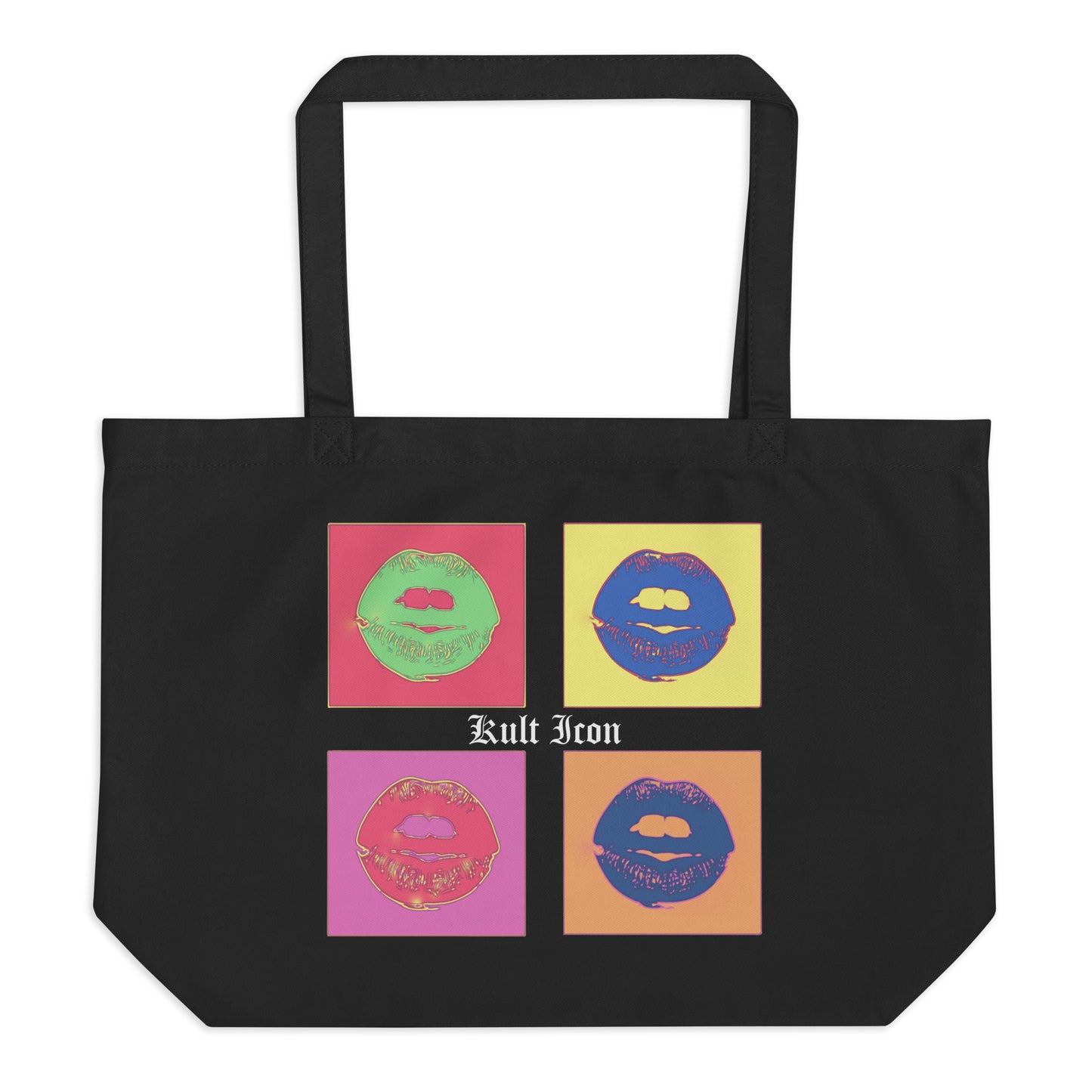 Black tote bag with colorful graphic design and 'Kult Icon' text on a white background