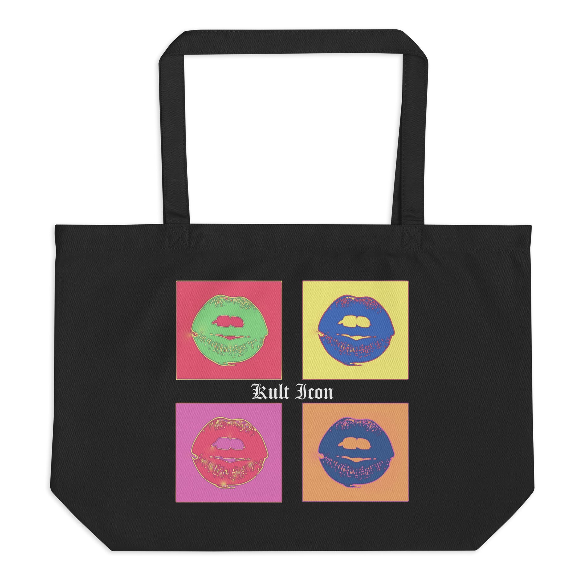 Black tote bag with colorful graphic design and 'Kult Icon' text on a white background