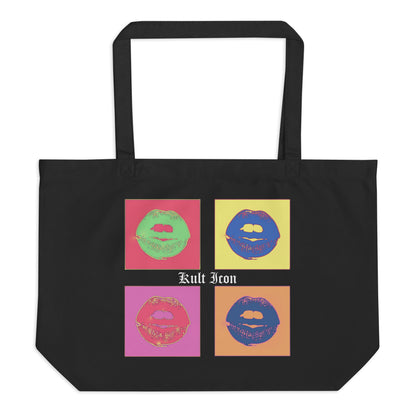 Black tote bag with colorful graphic design and 'Kult Icon' text on a white background