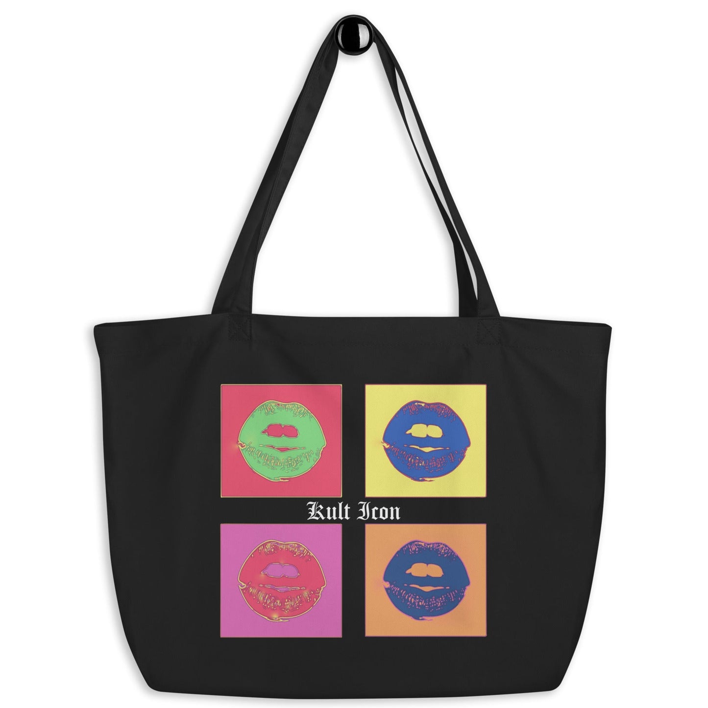 Black tote bag with colorful lip prints and 'Kult Iron' branding on a white background