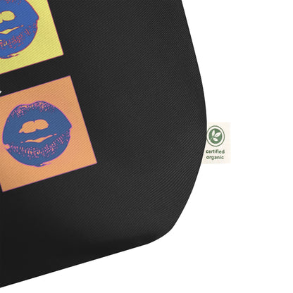 Black bag with colorful square designs and a certified organic label on a white background