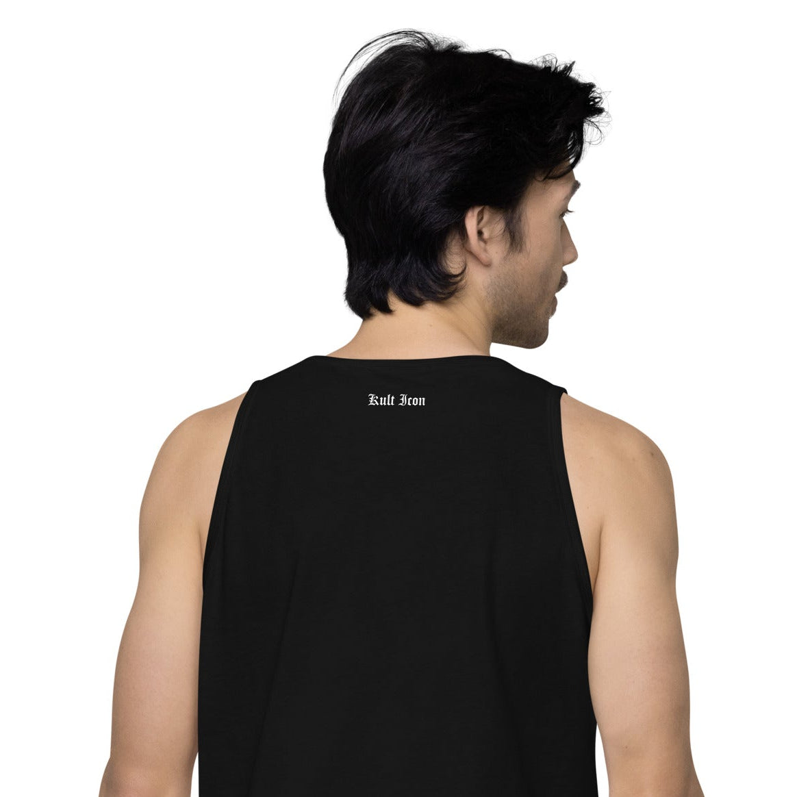 Person wearing a black sleeveless shirt with branding on the back against a white background