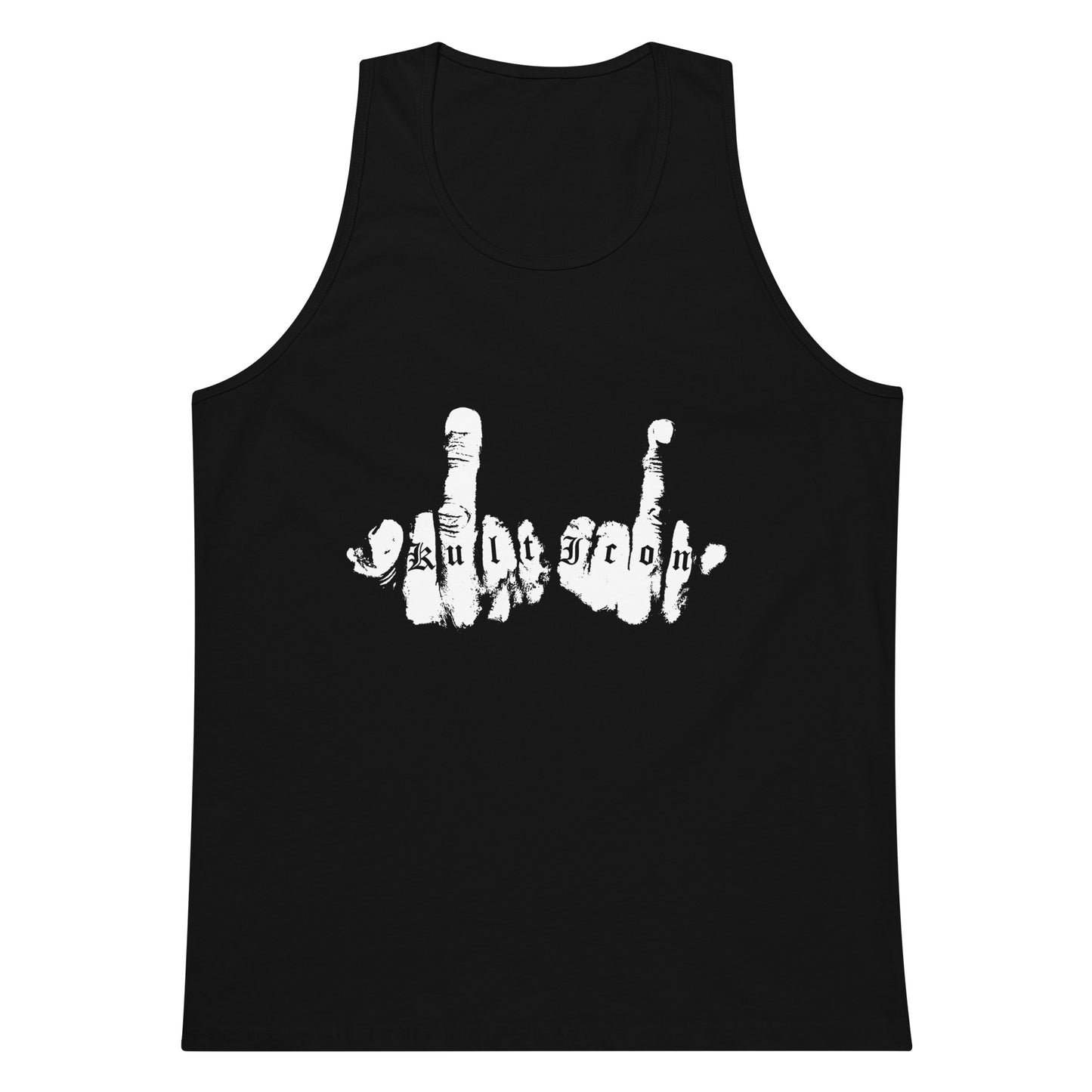 Black tank top with white graphic design on a white background
