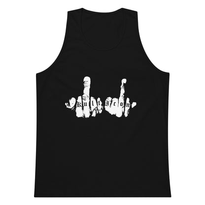 Black tank top with white graphic design on a white background