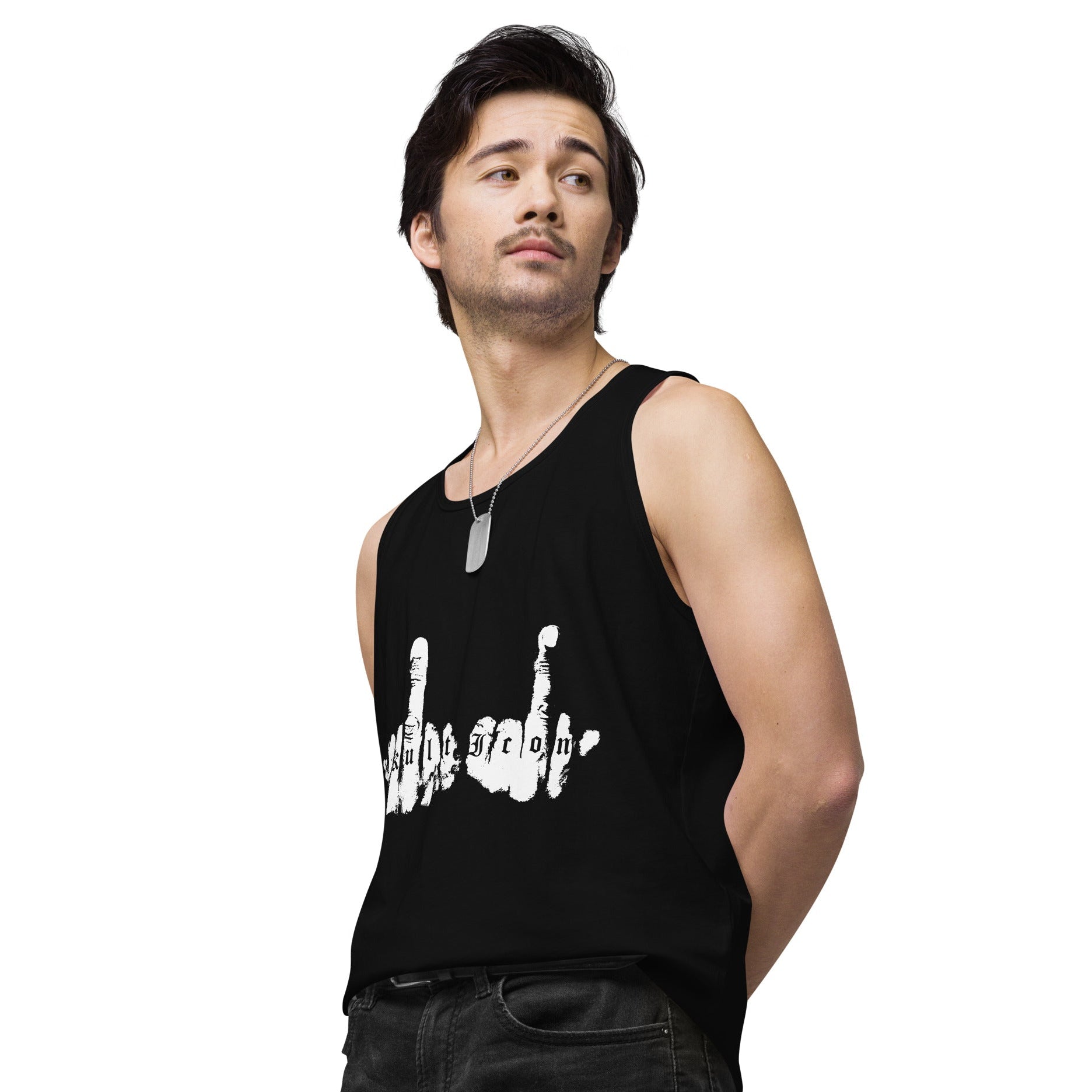 Man wearing a black sleeveless shirt with white graphic design on a white background