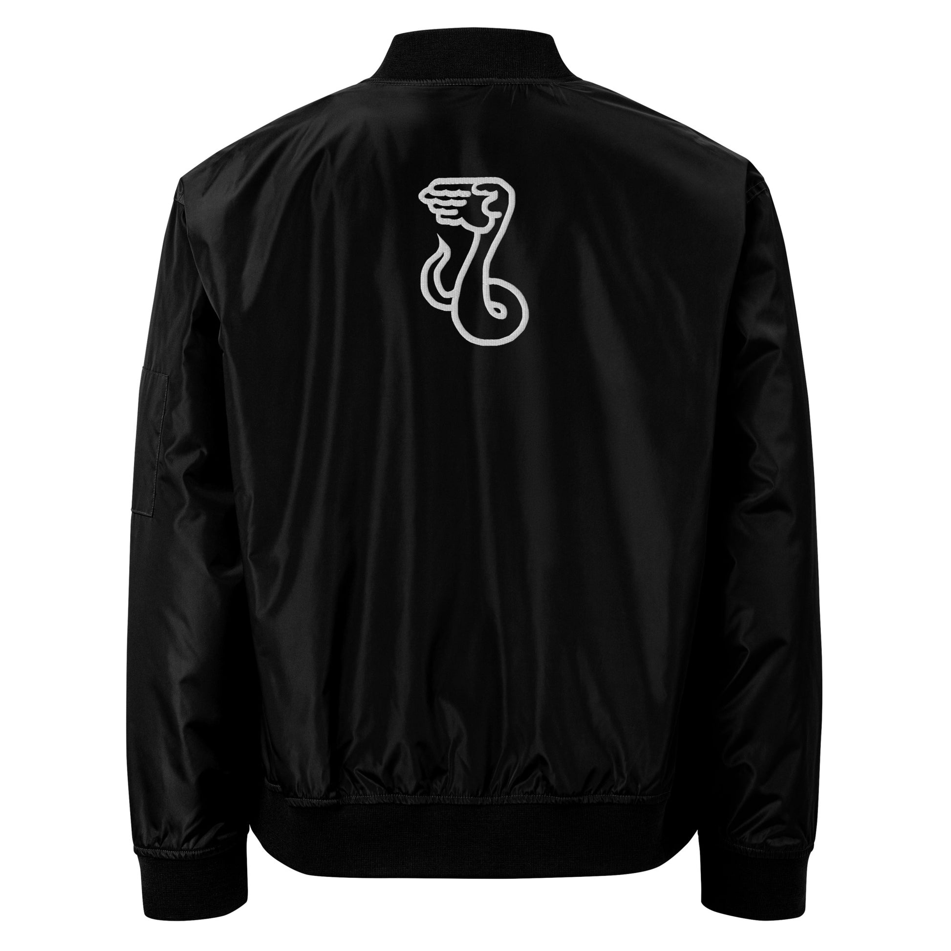 Black bomber jacket with a white logo on the back against a white background