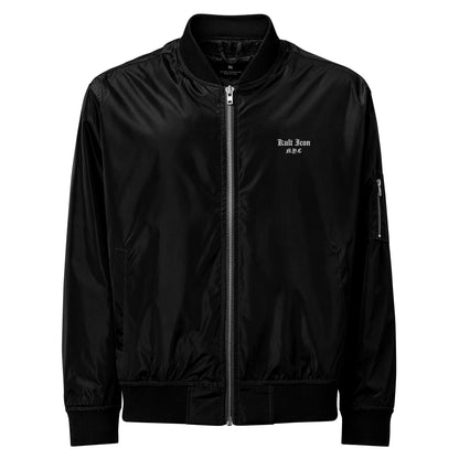 Black jacket with a brand logo on a white background