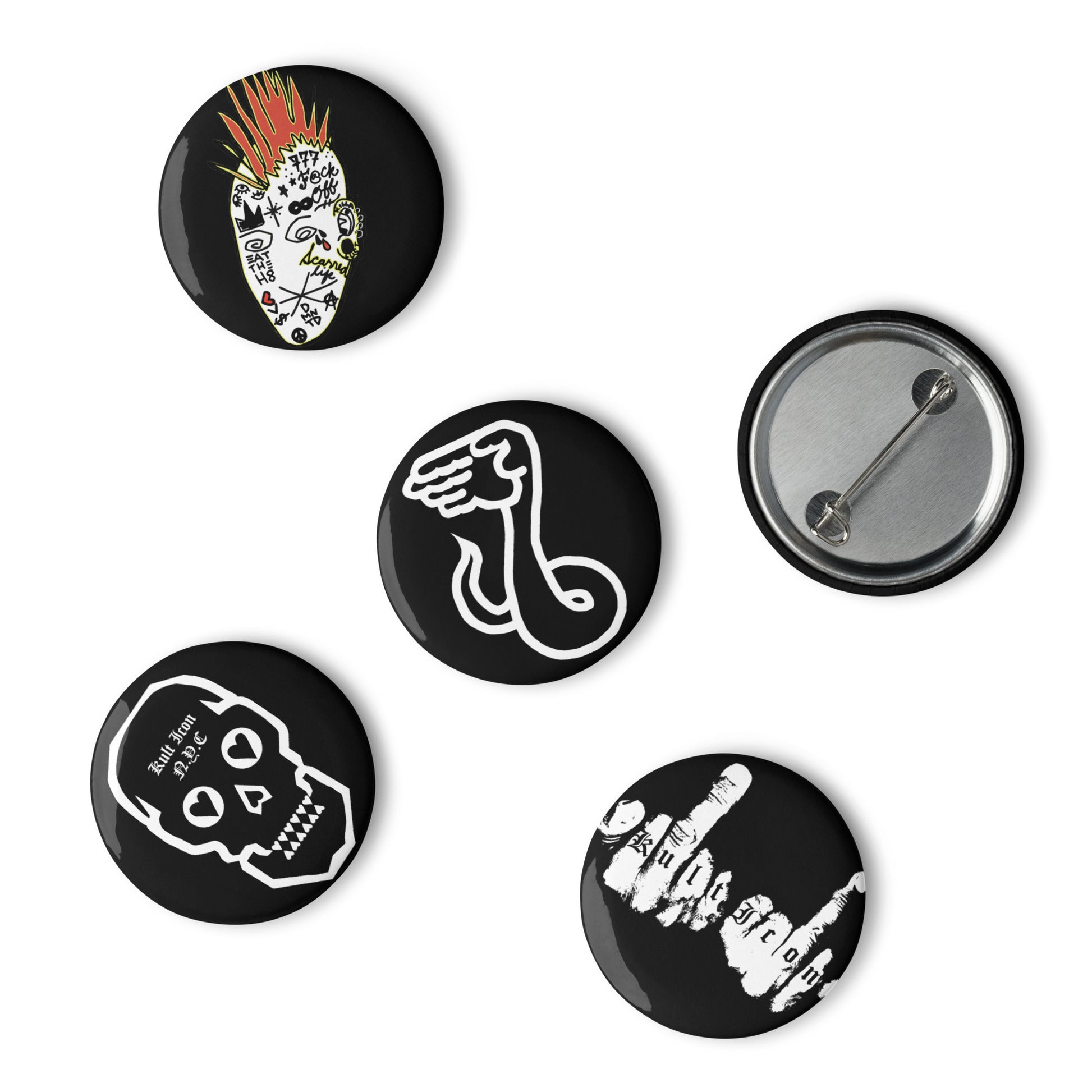 Set of five black buttons with various designs on a white background