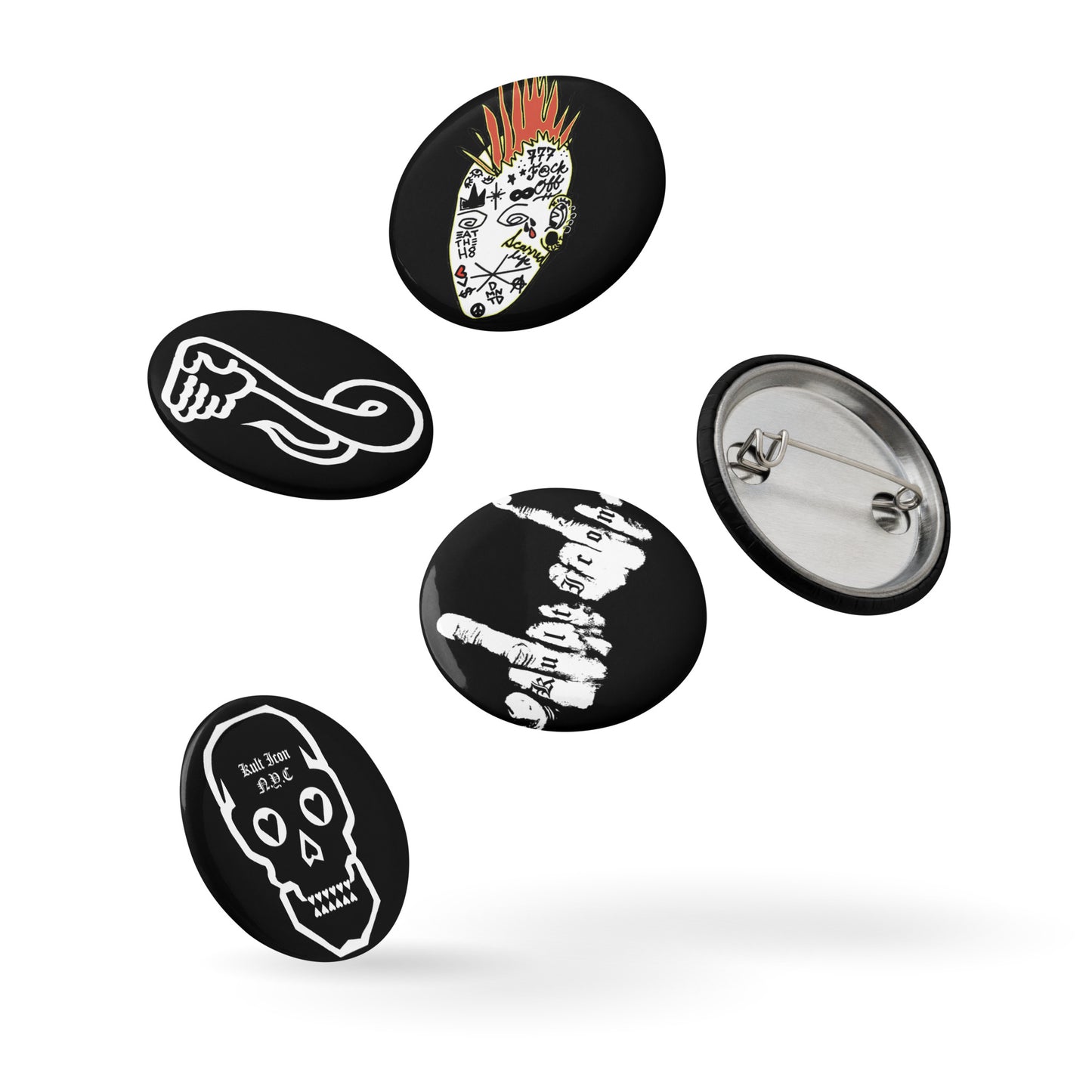 Set of five buttons with various designs on a white background