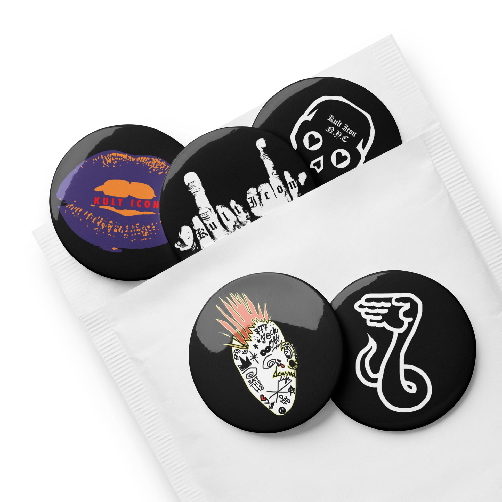Set of black buttons with various designs on a white background