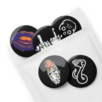 Set of black buttons with various designs on a white background