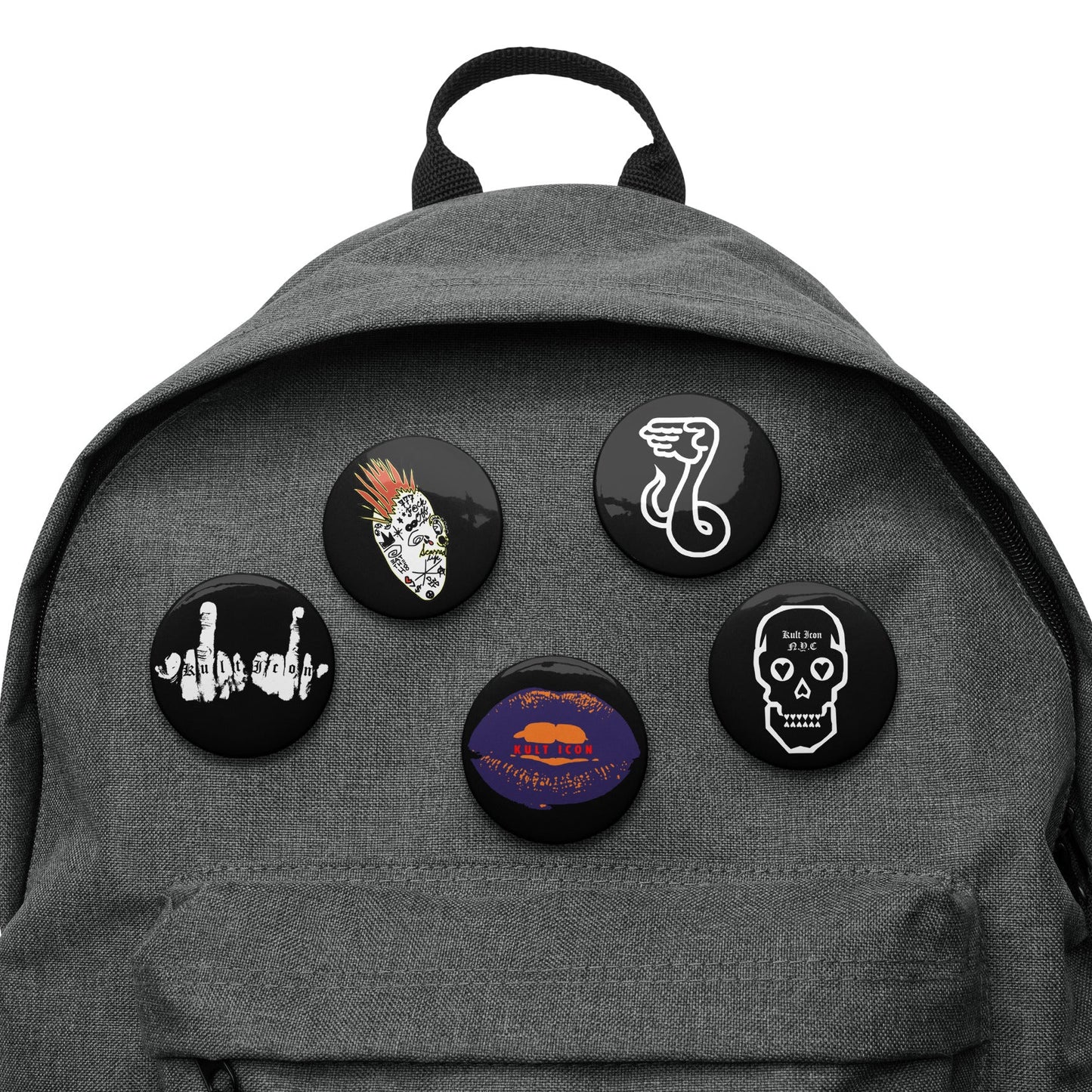 Gray backpack with various patches on a white background