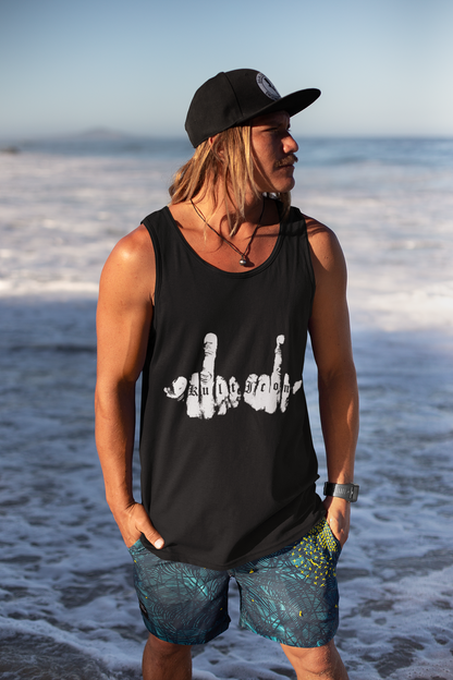 Person wearing a black tank top with a graphic design on a beach