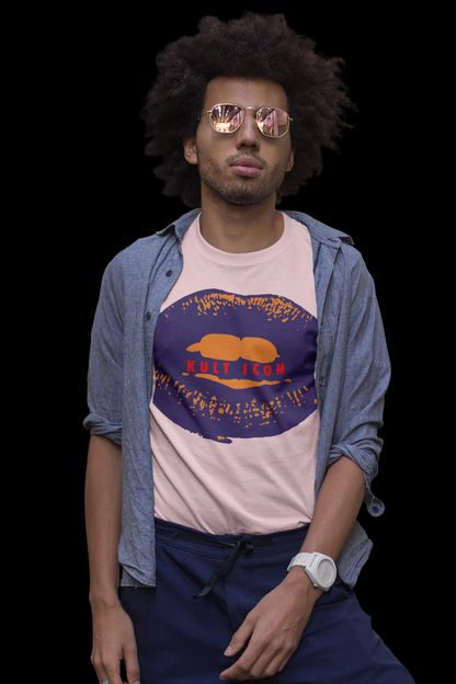 Man wearing a graphic t-shirt with a blue jacket on a black background