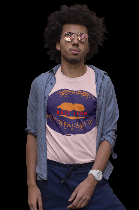 Man wearing a graphic t-shirt with a blue jacket on a black background