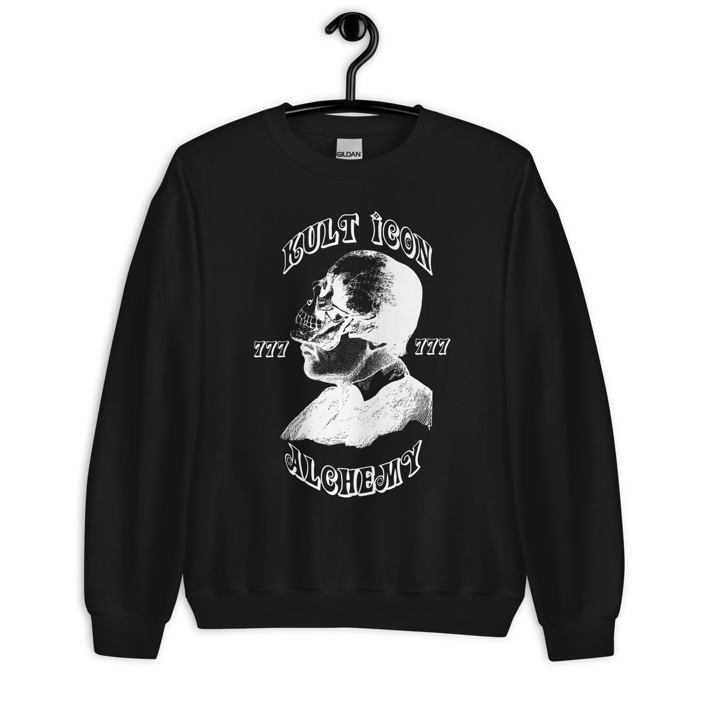 Black sweatshirt with skull graphic and text on a hanger against a white background