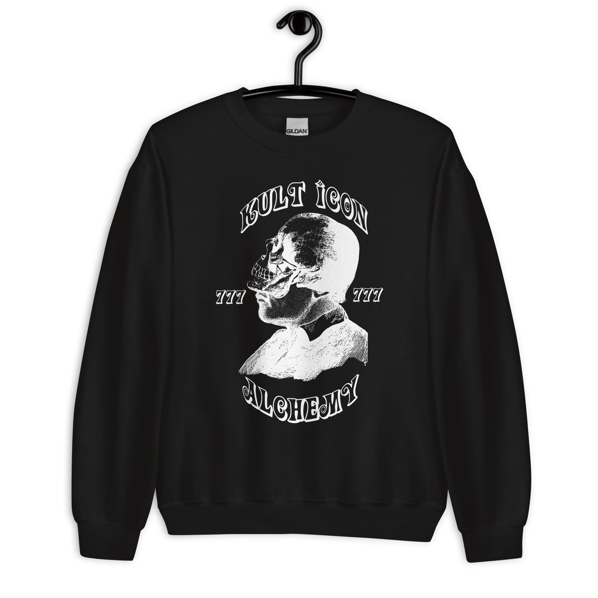 Black sweatshirt with skull graphic and text on a hanger against a white background