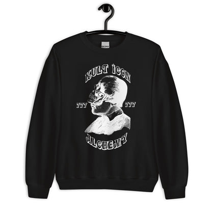 Black sweatshirt with skull graphic and text on a hanger against a white background