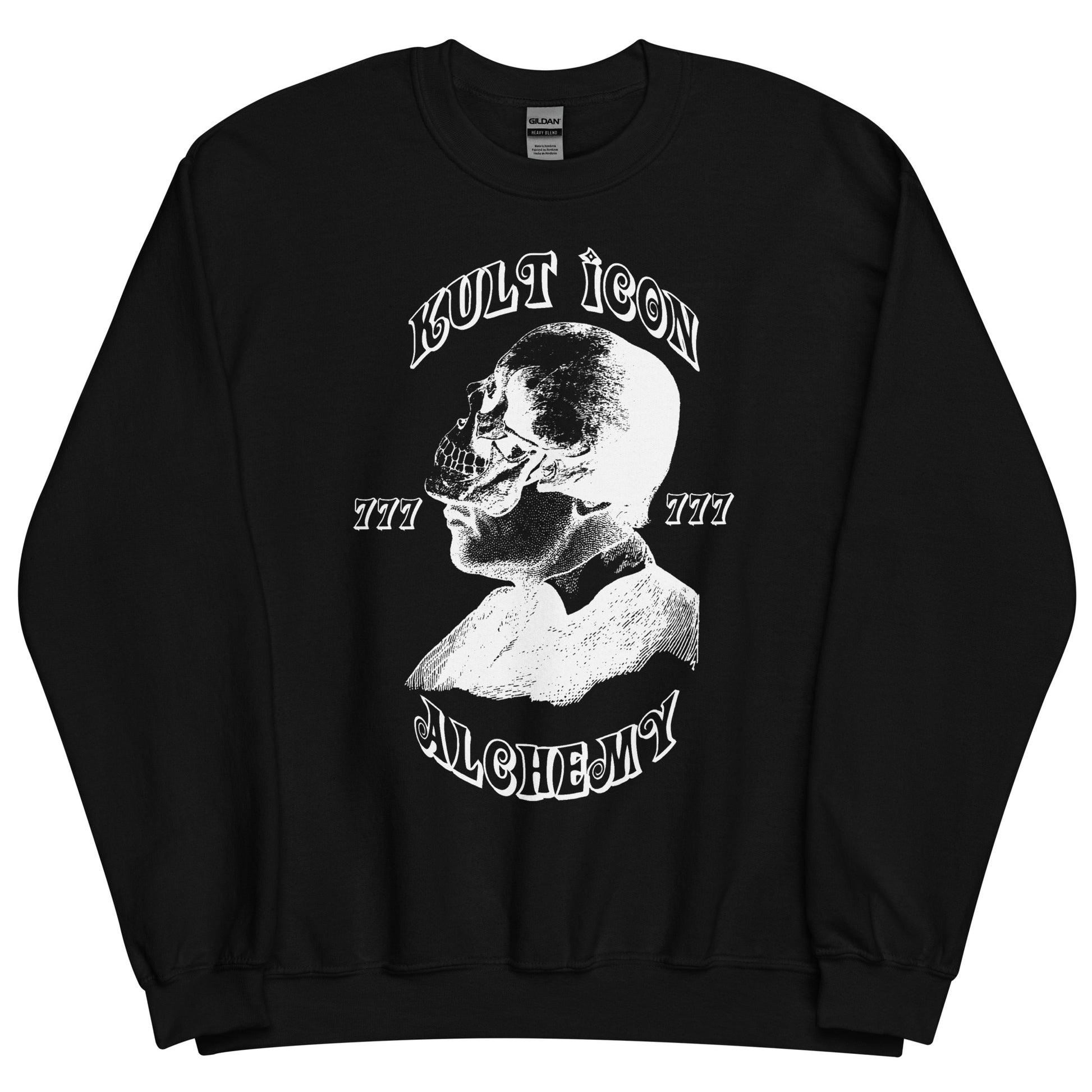 Black sweatshirt with a skull graphic and text on a white background