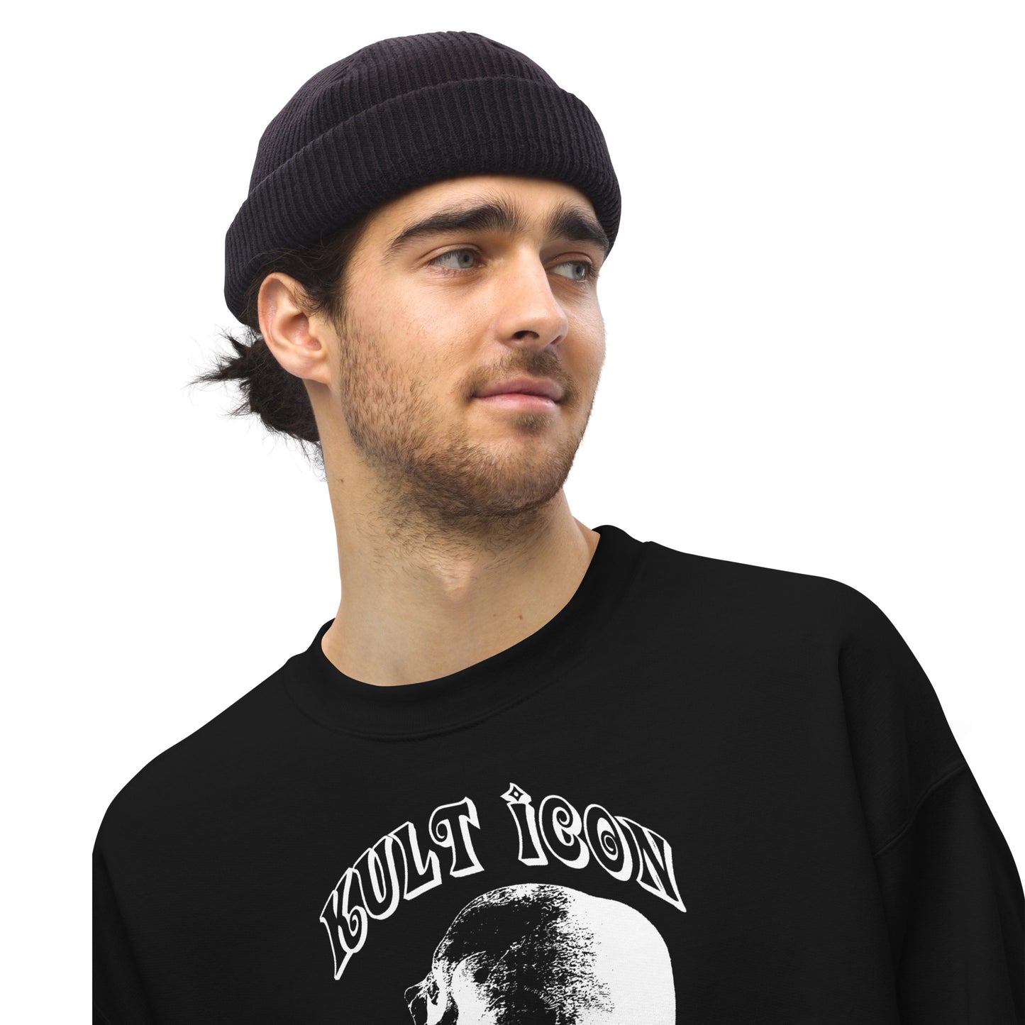Man wearing a black beanie and black sweatshirt with 'Kult Icon' graphic on a white background