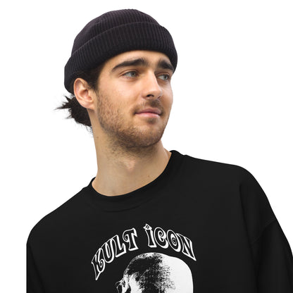 Man wearing a black beanie and black sweatshirt with 'Kult Icon' graphic on a white background