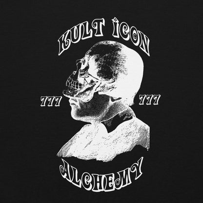 Black t-shirt with white skull design and text 'Kult Icon' and 'Alchemist' on a black background