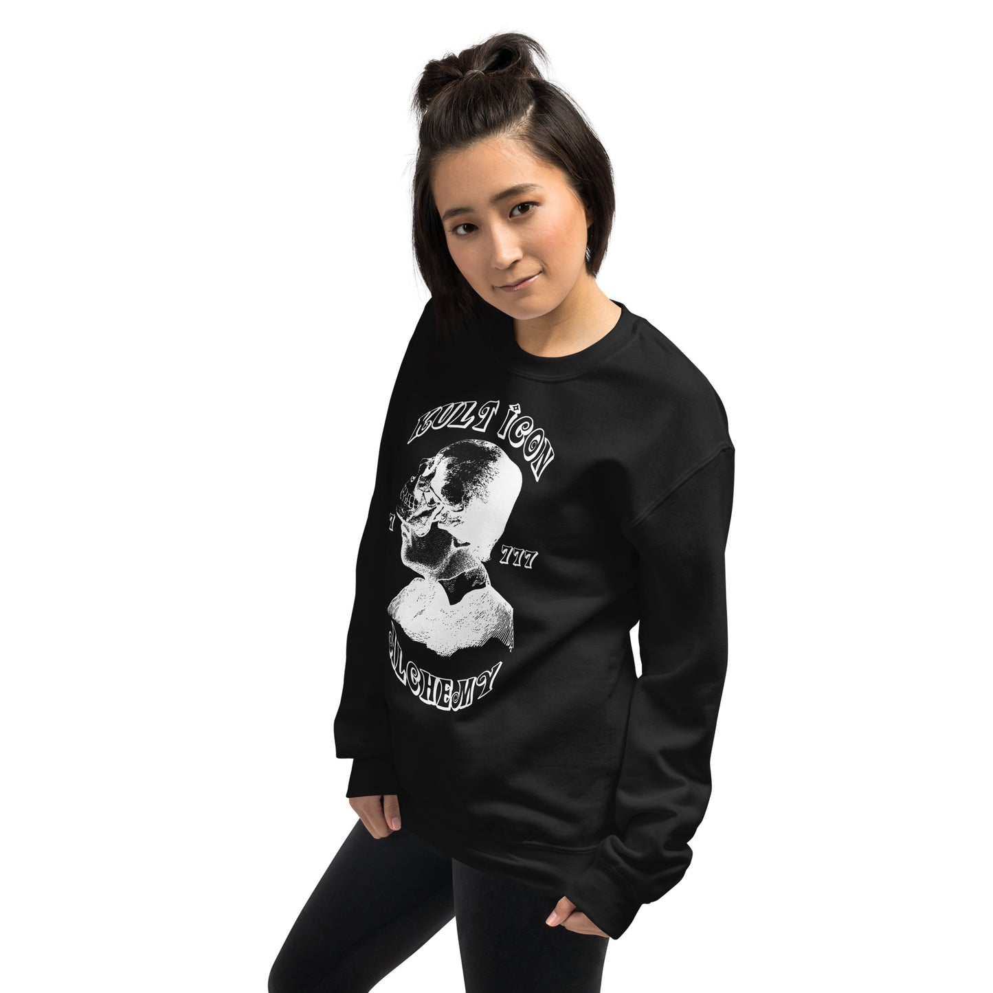 Person wearing a black sweatshirt with a graphic design on a white background