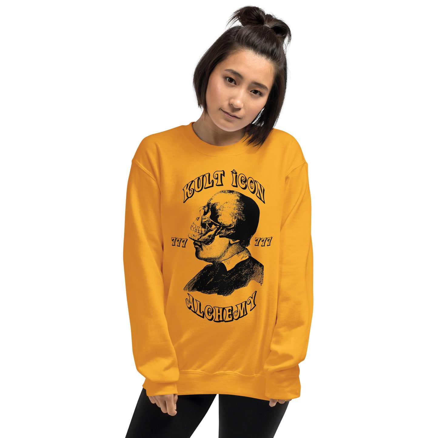 Person wearing a yellow sweatshirt with a black graphic design on a white background