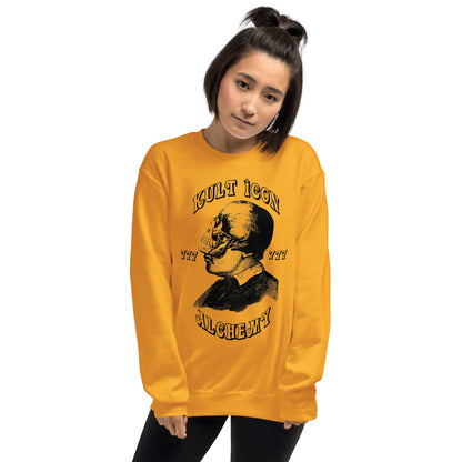Person wearing a yellow sweatshirt with a black graphic design on a white background