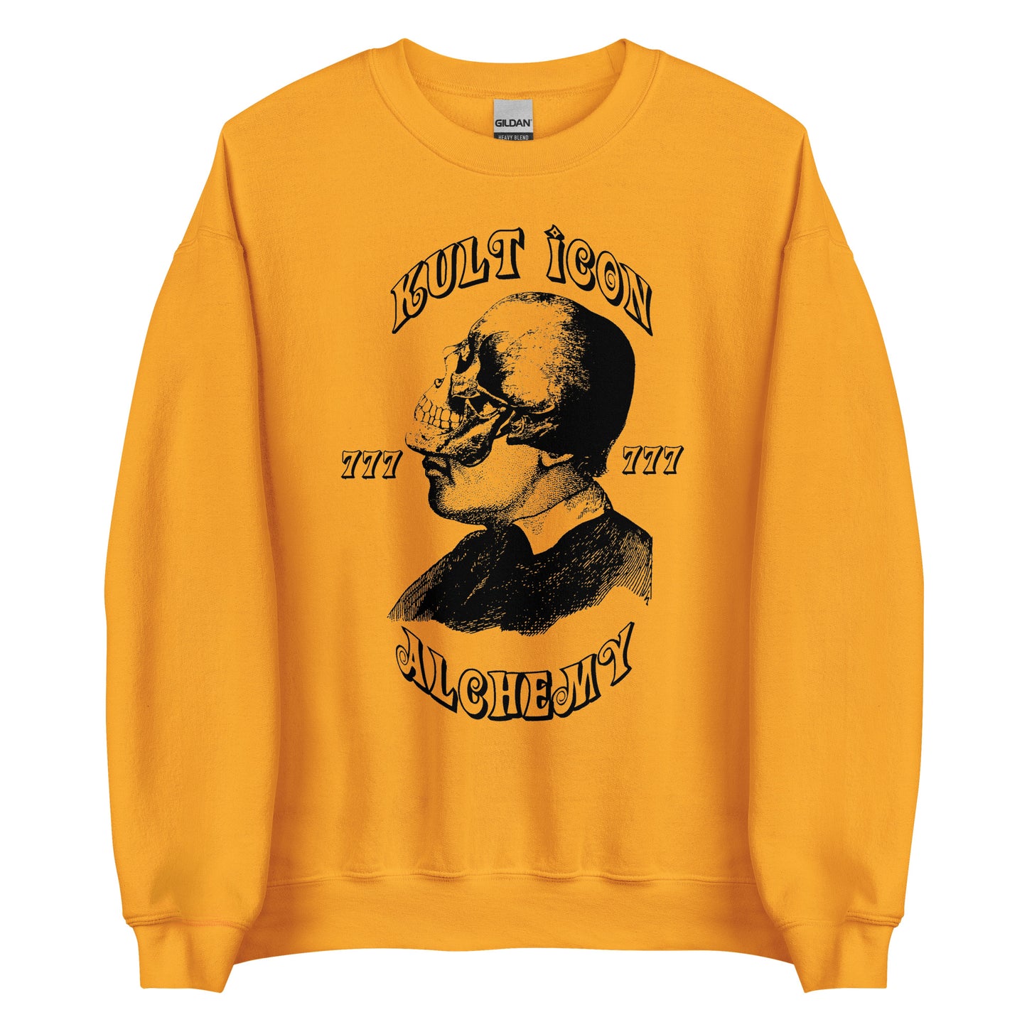 Yellow sweatshirt with a skull graphic and text on a white background