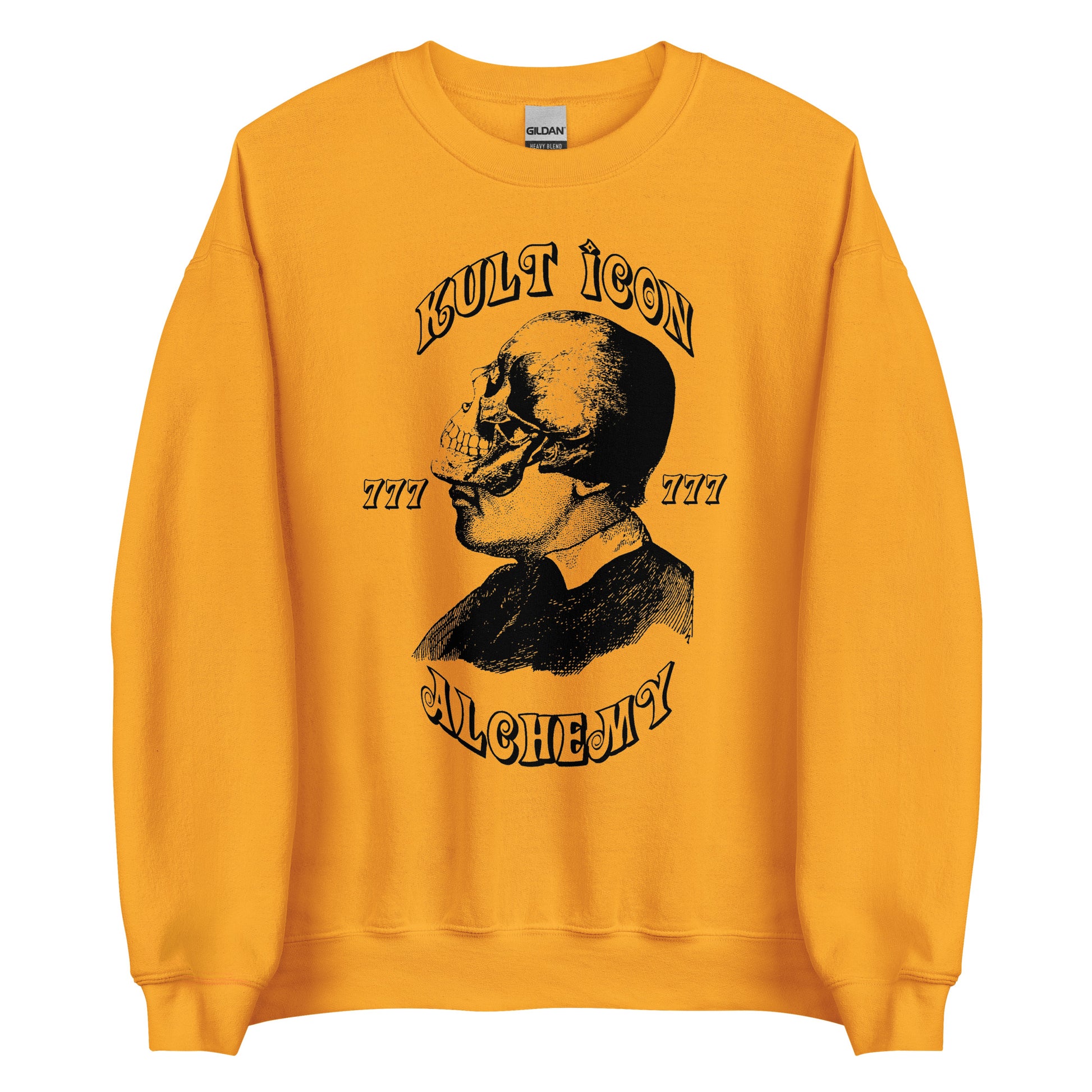 Yellow sweatshirt with a skull graphic and text on a white background