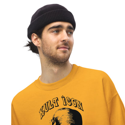 Man wearing a black beanie and mustard yellow sweatshirt with text on a white background
