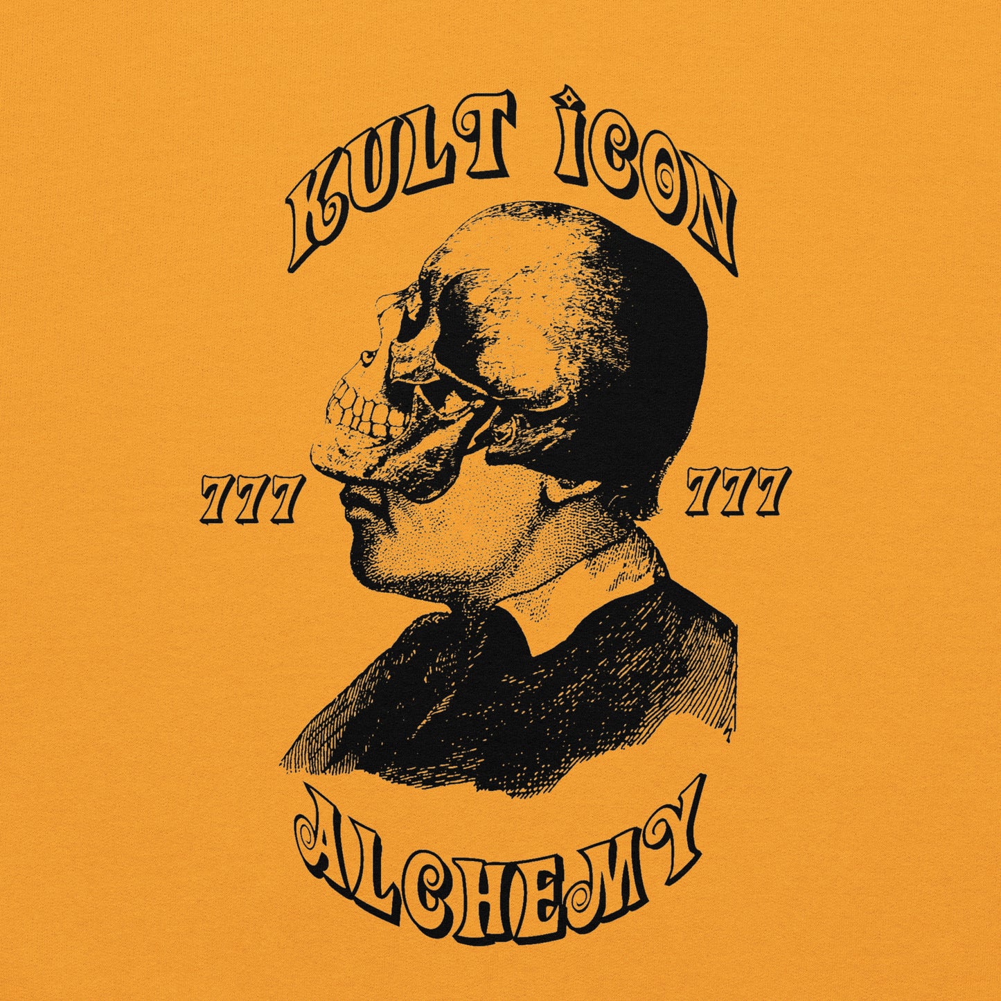 Skull design with 'Cult Icon' and 'Alchemist' text on an orange background