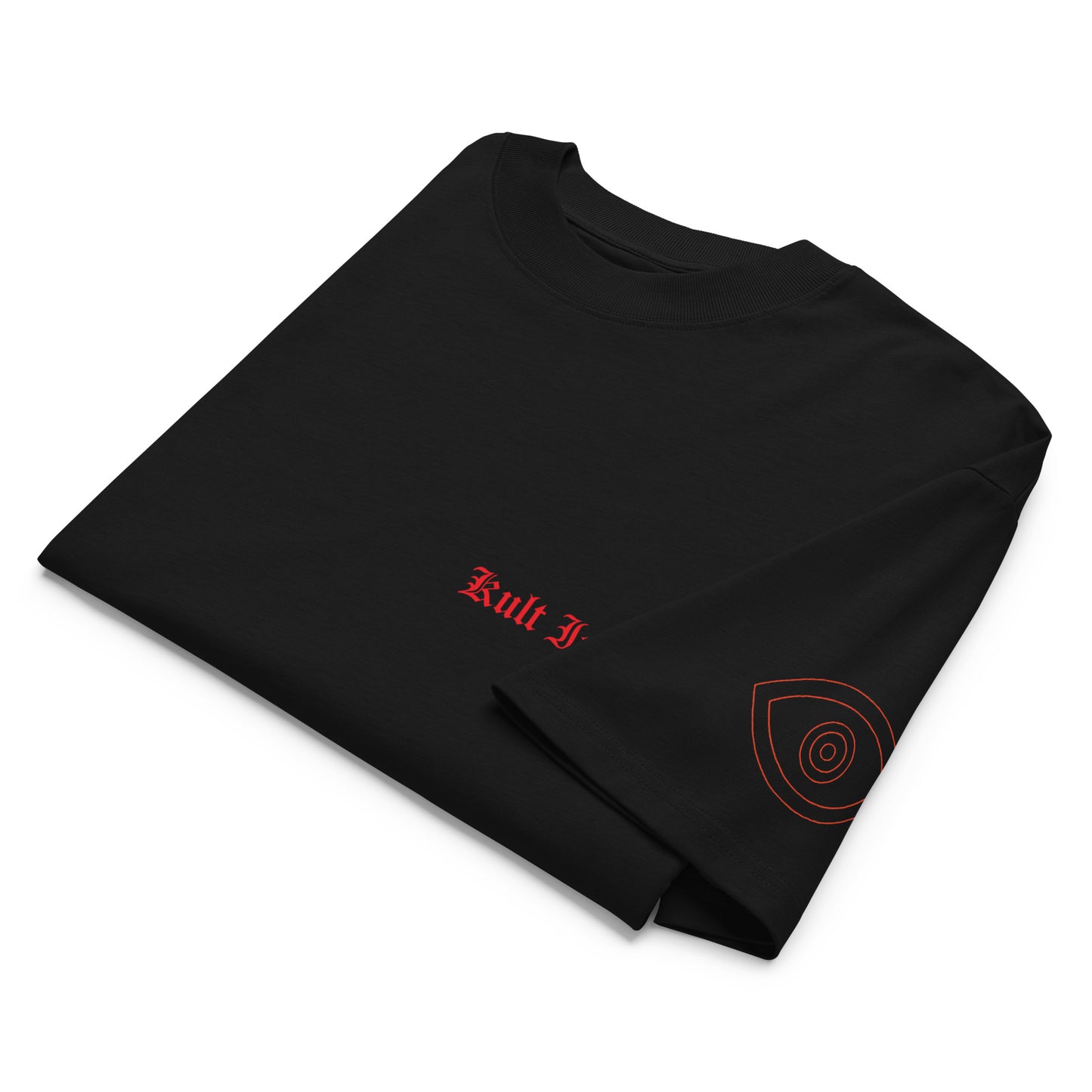 Black t-shirt with red text and design on a white background