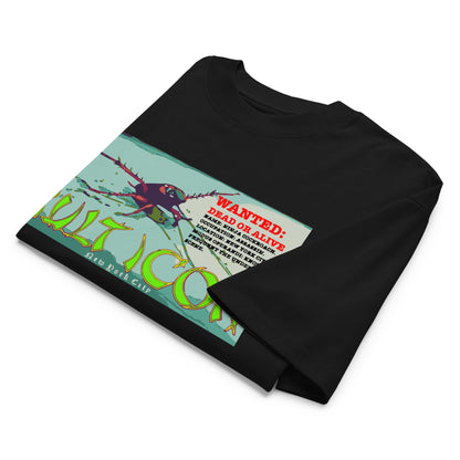 Black t-shirt with a graphic design featuring text and a spider on a white background