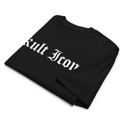 Black t-shirt with 'Kult Icon' text on a white background