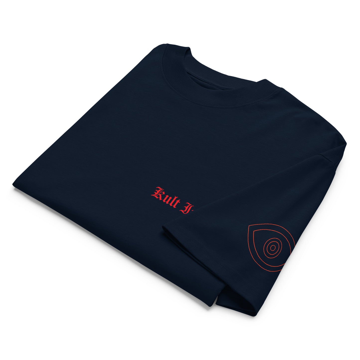 Folded black t-shirt with red text and design on a white background