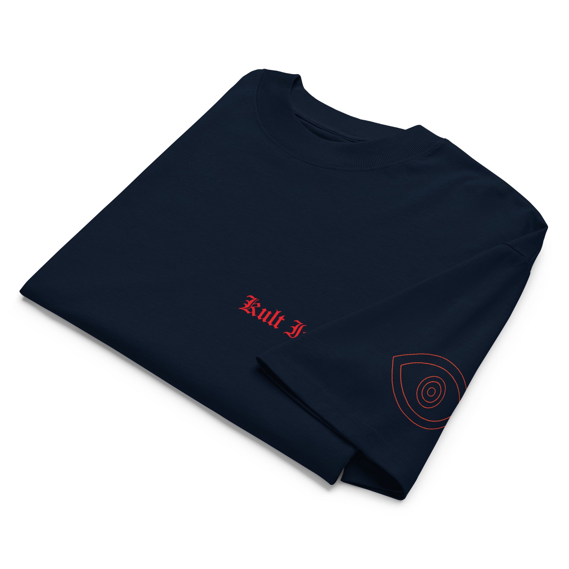 Folded black t-shirt with red text and design on a white background
